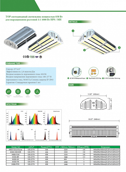 ТОР светодиодный светильник мощностью 830 Вт для выращивания растений 1:1 1000 Вт HPS / MH